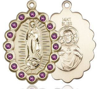 14kt Gold Our Lady of Guadalupe Medal with Amethyst Swarovski stones
