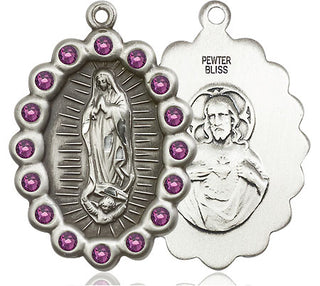 Pewter Our Lady of Guadalupe Medal with Amethyst Swarovski stones
