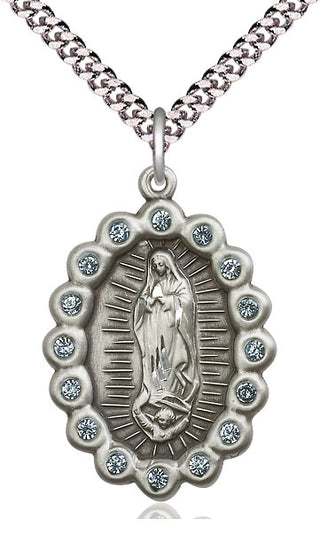 Pewter Our Lady of Guadalupe Medal with Aqua Swarovski stones Catholic Jewelry