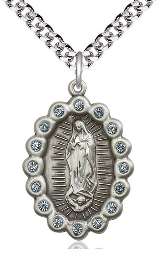 Pewter Our Lady of Guadalupe Medal with Aqua Swarovski stones Catholic Jewelry