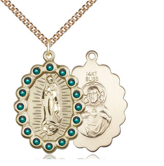 14kt Gold Our Lady of Guadalupe Medal with Emerald Swarovski stones