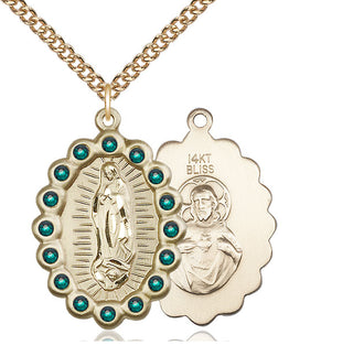 14kt Gold Our Lady of Guadalupe Medal with Emerald Swarovski stones