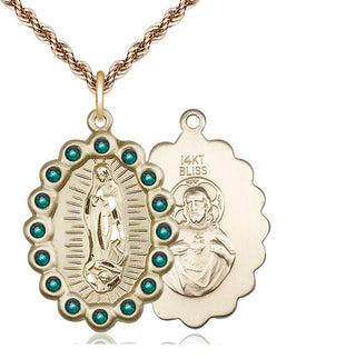 14kt Gold Our Lady of Guadalupe Medal with Emerald Swarovski stones