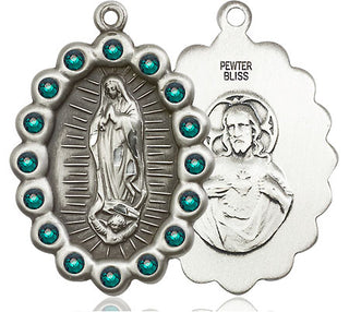 Pewter Our Lady of Guadalupe Medal with Emerald Swarovski stones