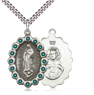 Pewter Our Lady of Guadalupe Medal with Emerald Swarovski stones Catholic Jewelry