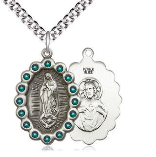 Pewter Our Lady of Guadalupe Medal with Emerald Swarovski stones Catholic Jewelry