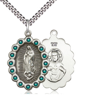 Pewter Our Lady of Guadalupe Medal with Emerald Swarovski stones Catholic Jewelry