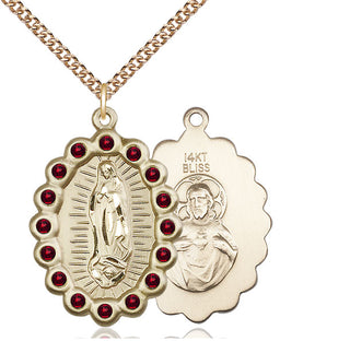14kt Gold Our Lady of Guadalupe Medal with Garnet Swarovski stones