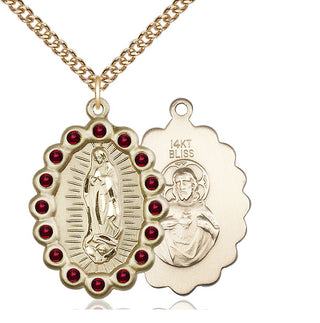 14kt Gold Our Lady of Guadalupe Medal with Garnet Swarovski stones