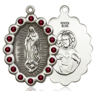 Pewter Our Lady of Guadalupe Medal with Garnet Swarovski stones