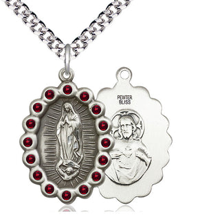 Pewter Our Lady of Guadalupe Medal with Garnet Swarovski stones Catholic Jewelry