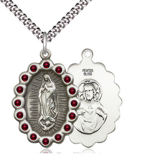 Pewter Our Lady of Guadalupe Medal with Garnet Swarovski stones Catholic Jewelry