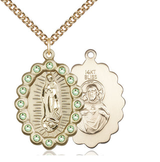 14kt Gold Our Lady of Guadalupe Medal with Peridot Swarovski stones