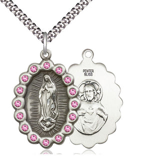 Pewter Our Lady of Guadalupe Medal with Rose Swarovski stones Catholic Jewelry