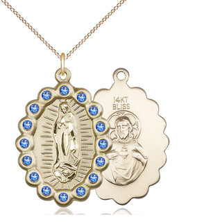 14kt Gold Our Lady of Guadalupe Medal with Sapphire Swarovski stones