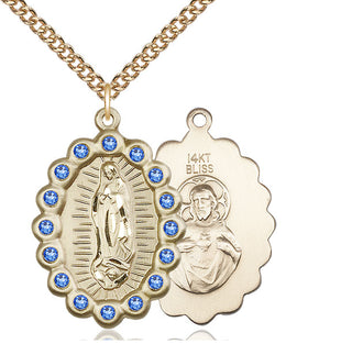 14kt Gold Our Lady of Guadalupe Medal with Sapphire Swarovski stones