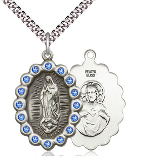 Pewter Our Lady of Guadalupe Medal with Sapphire Swarovski stones Catholic Jewelry