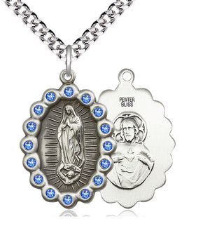 Pewter Our Lady of Guadalupe Medal with Sapphire Swarovski stones Catholic Jewelry