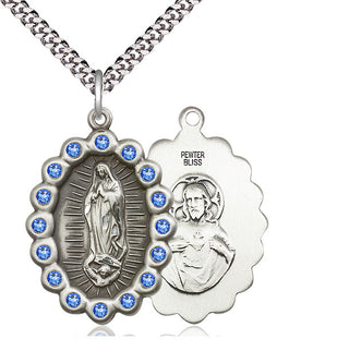 Pewter Our Lady of Guadalupe Medal with Sapphire Swarovski stones Catholic Jewelry