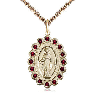 14kt Gold Miraculous Medal with Garnet Swarovski stones