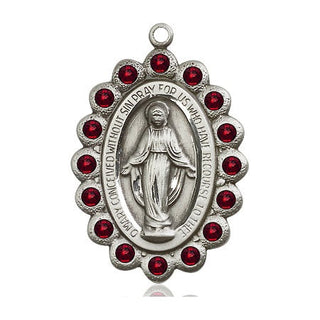 Pewter Miraculous Medal with Garnet Swarovski stones