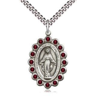 Pewter Miraculous Medal with Garnet Swarovski stones Catholic Jewelry