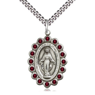 Pewter Miraculous Medal with Garnet Swarovski stones Catholic Jewelry