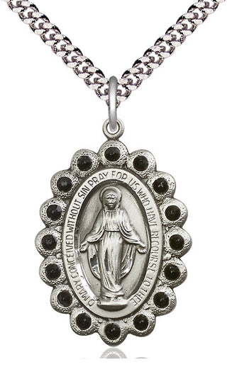 Pewter Miraculous Medal with Jet Swarovski stones Catholic Jewelry