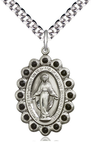 Pewter Miraculous Medal with Jet Swarovski stones Catholic Jewelry