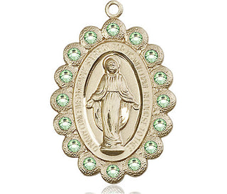 14kt Gold Miraculous Medal with Peridot Swarovski stones