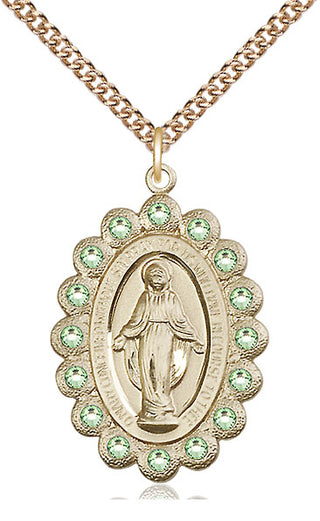 14kt Gold Miraculous Medal with Peridot Swarovski stones