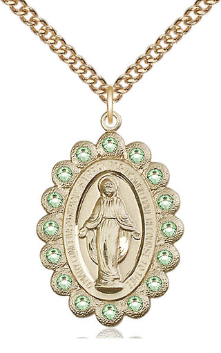 14kt Gold Miraculous Medal with Peridot Swarovski stones