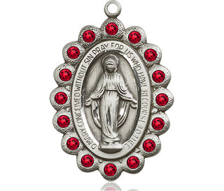 Pewter Miraculous Medal with Ruby Swarovski stones