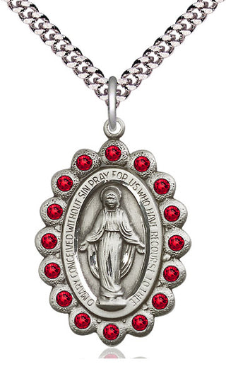 Pewter Miraculous Medal with Ruby Swarovski stones Catholic Jewelry