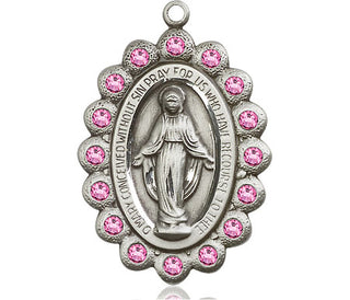 Pewter Miraculous Medal with Rose Swarovski stones