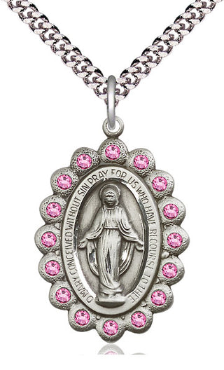 Pewter Miraculous Medal with Rose Swarovski stones Catholic Jewelry