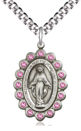 Pewter Miraculous Medal with Rose Swarovski stones Catholic Jewelry