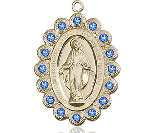 14kt Gold Miraculous Medal with Sapphire Swarovski stones