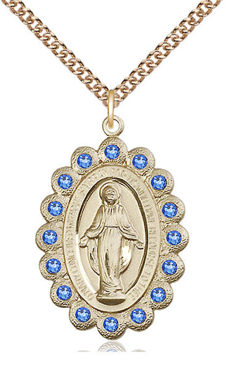 14kt Gold Miraculous Medal with Sapphire Swarovski stones