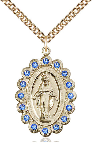 14kt Gold Miraculous Medal with Sapphire Swarovski stones