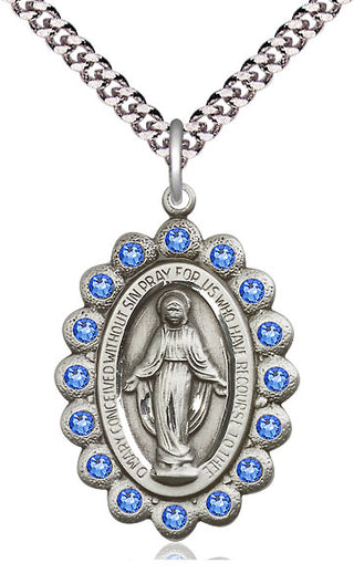Pewter Miraculous Medal with Sapphire Swarovski stones Catholic Jewelry