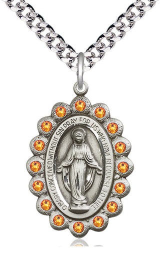 Pewter Miraculous Medal with Topaz Swarovski stones Catholic Jewelry