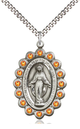 Pewter Miraculous Medal with Topaz Swarovski stones Catholic Jewelry