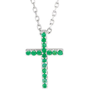 14K White Emerald Cross 16" Necklace