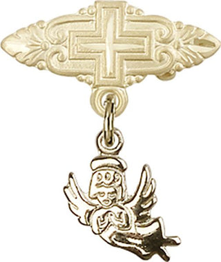 14kt Gold Badge Pin With Cross Guardian Angel Baby Badge