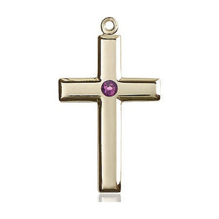 14kt Gold Filled Cross Pendant with a 3mm Amethyst Swarovski stone on an 18-inch Gold Filled Light Curb Chain