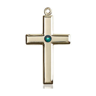 14kt Gold Filled Cross Pendant with a 3mm Emerald Swarovski stone on an 18-inch Gold Filled Light Curb Chain