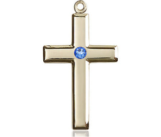 14kt Gold Filled Cross Pendant with a 3mm Sapphire Swarovski stone on an 18-inch Gold Filled Light Curb Chain