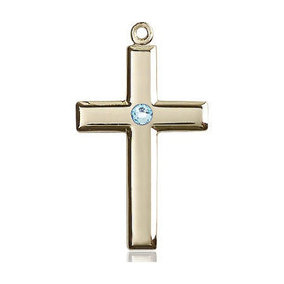 14kt Gold Cross Medal with a 3mm Aqua Swarovski stone