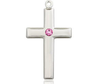 Sterling Silver Cross Pendant with a 3mm Rose Swarovski stone on an 18-inch Sterling Silver Light Curb Chain